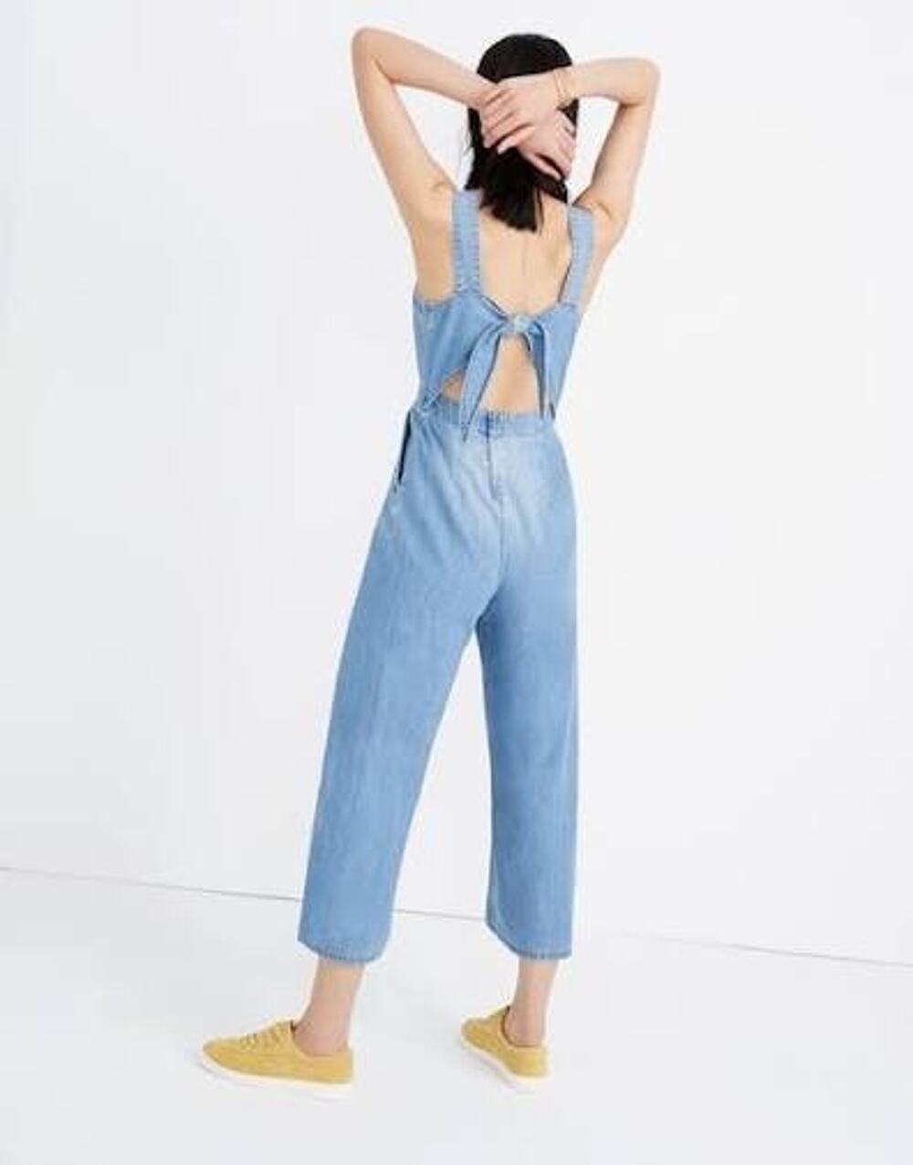 Madewell Chambray Denim Wide Leg Jumpsuit Overalls Pantsuit Tie Bow Back Small 2